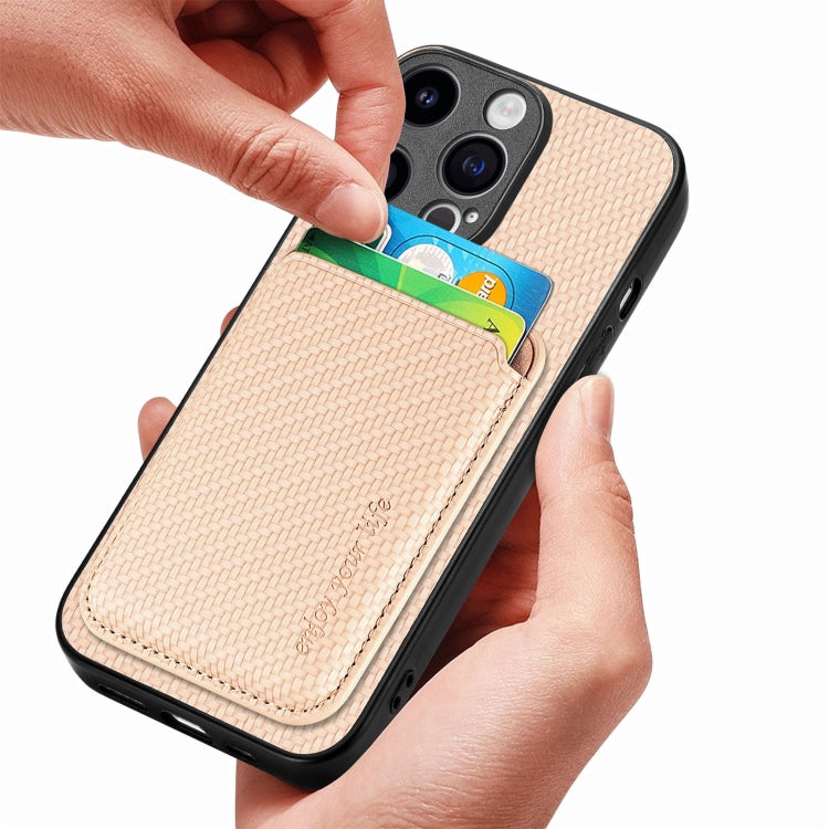 For iPhone 15 Pro Max Carbon Fiber Leather Card Magsafe Phone Case(Khaki) by bashfashion