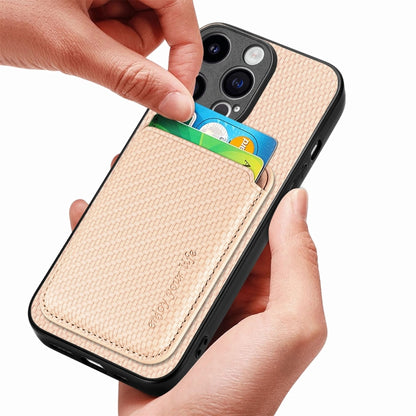 For iPhone 15 Pro Max Carbon Fiber Leather Card Magsafe Phone Case(Khaki) by bashfashion