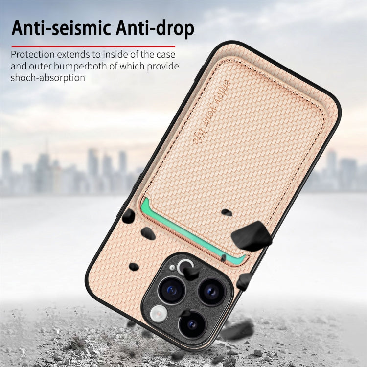 For iPhone 15 Pro Max Carbon Fiber Leather Card Magsafe Phone Case(Khaki) by bashfashion