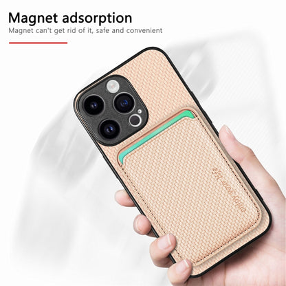 For iPhone 15 Pro Max Carbon Fiber Leather Card Magsafe Phone Case(Khaki) by bashfashion