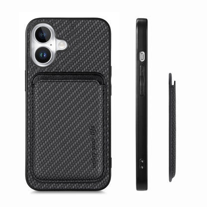For iPhone 16 Carbon Fiber Leather Card Magsafe Phone Case(Black) by bashfashion