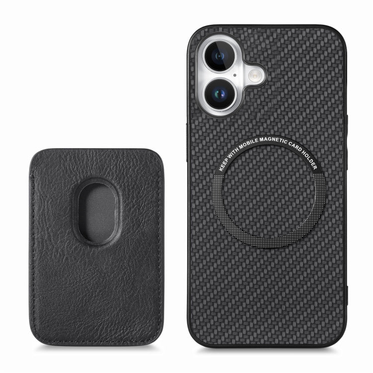 For iPhone 16 Carbon Fiber Leather Card Magsafe Phone Case(Black) by bashfashion