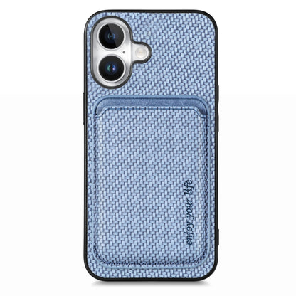 For iPhone 16 Carbon Fiber Leather Card Magsafe Phone Case(Blue) by bashfashion