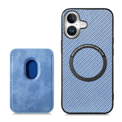 For iPhone 16 Carbon Fiber Leather Card Magsafe Phone Case(Blue) by bashfashion