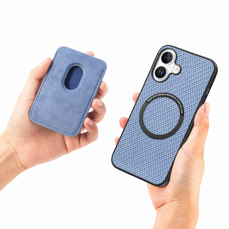 For iPhone 16 Carbon Fiber Leather Card Magsafe Phone Case(Blue) by bashfashion