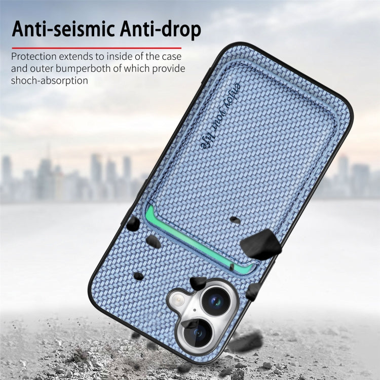 For iPhone 16 Carbon Fiber Leather Card Magsafe Phone Case(Blue) by bashfashion