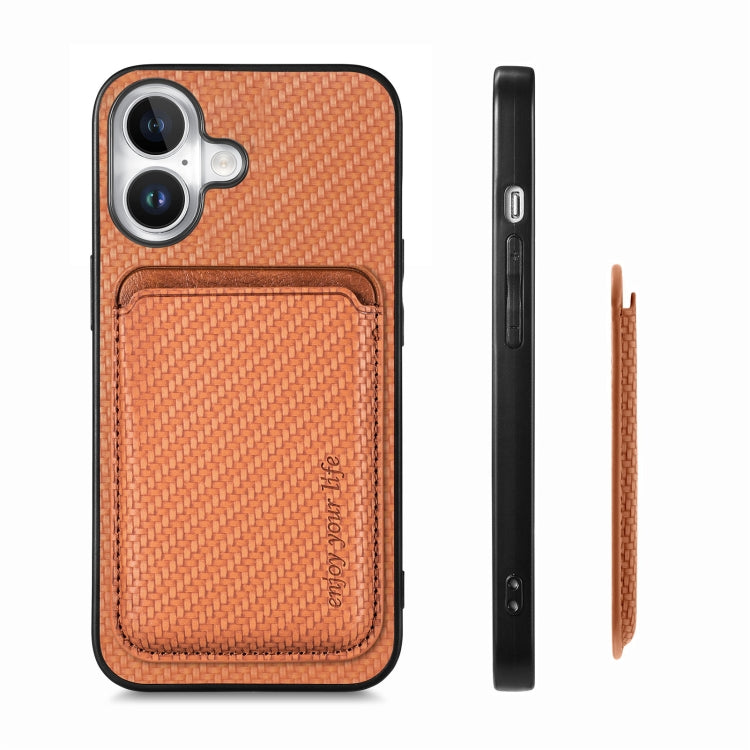 For iPhone 16 Carbon Fiber Leather Card Magsafe Phone Case(Brown) by bashfashion