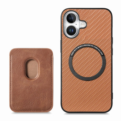 For iPhone 16 Carbon Fiber Leather Card Magsafe Phone Case(Brown) by bashfashion
