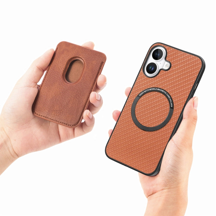 For iPhone 16 Carbon Fiber Leather Card Magsafe Phone Case(Brown) by bashfashion