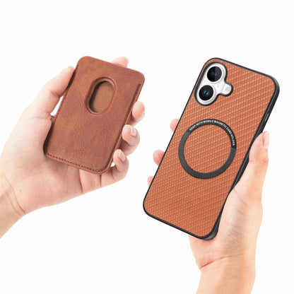 For iPhone 16 Carbon Fiber Leather Card Magsafe Phone Case(Brown) by bashfashion