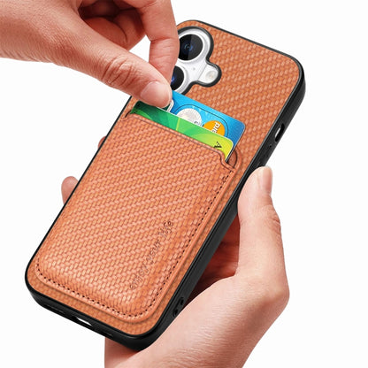 For iPhone 16 Carbon Fiber Leather Card Magsafe Phone Case(Brown) by bashfashion