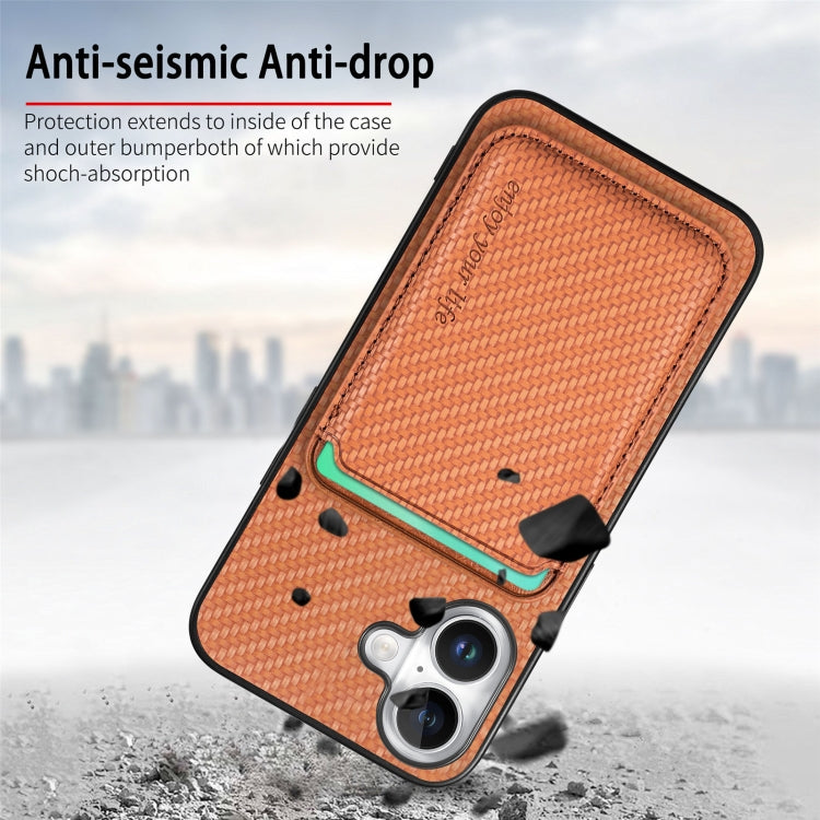 For iPhone 16 Carbon Fiber Leather Card Magsafe Phone Case(Brown) by bashfashion