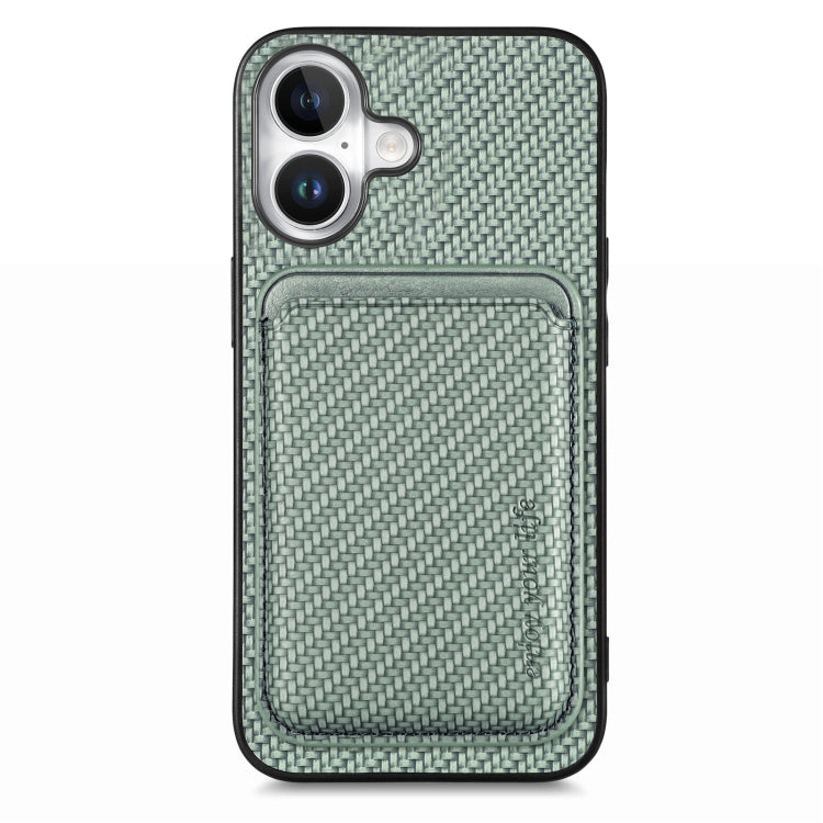 For iPhone 16 Carbon Fiber Leather Card Magsafe Phone Case(Green) by bashfashion