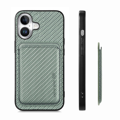 For iPhone 16 Carbon Fiber Leather Card Magsafe Phone Case(Green) by bashfashion