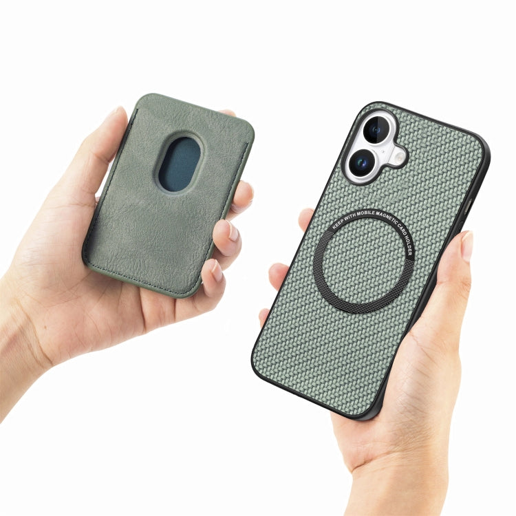 For iPhone 16 Carbon Fiber Leather Card Magsafe Phone Case(Green) by bashfashion