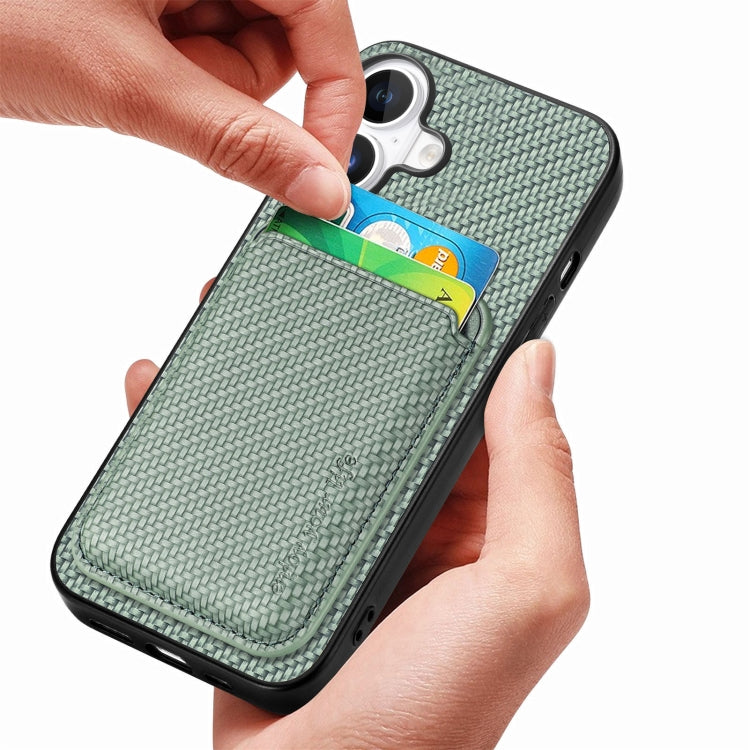 For iPhone 16 Carbon Fiber Leather Card Magsafe Phone Case(Green) by bashfashion