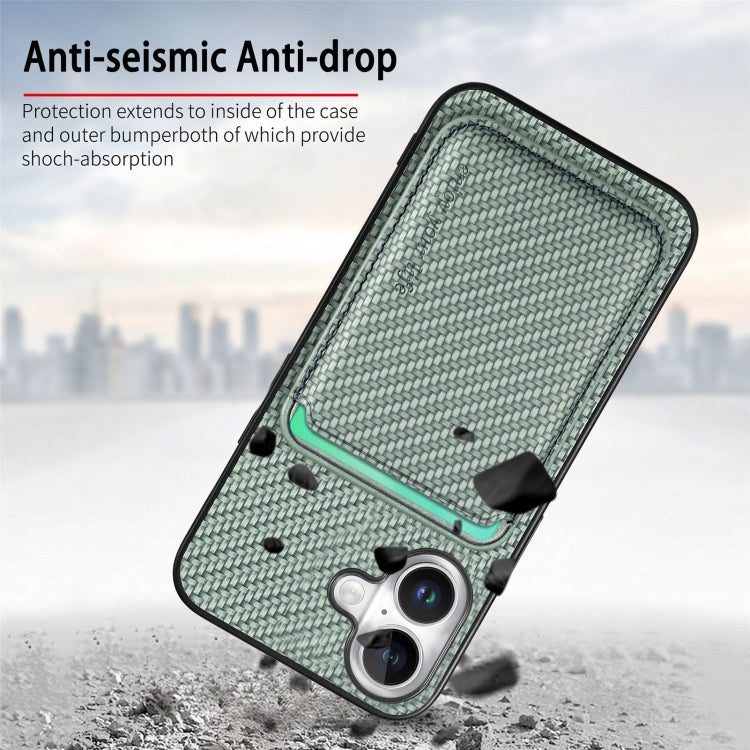 For iPhone 16 Carbon Fiber Leather Card Magsafe Phone Case(Green) by bashfashion