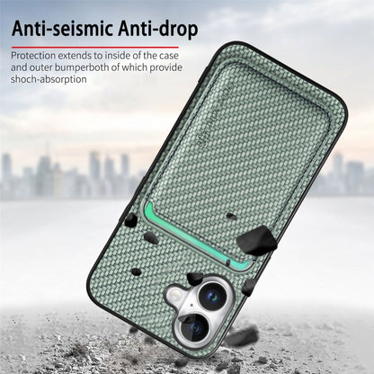For iPhone 16 Carbon Fiber Leather Card Magsafe Phone Case(Green) by bashfashion
