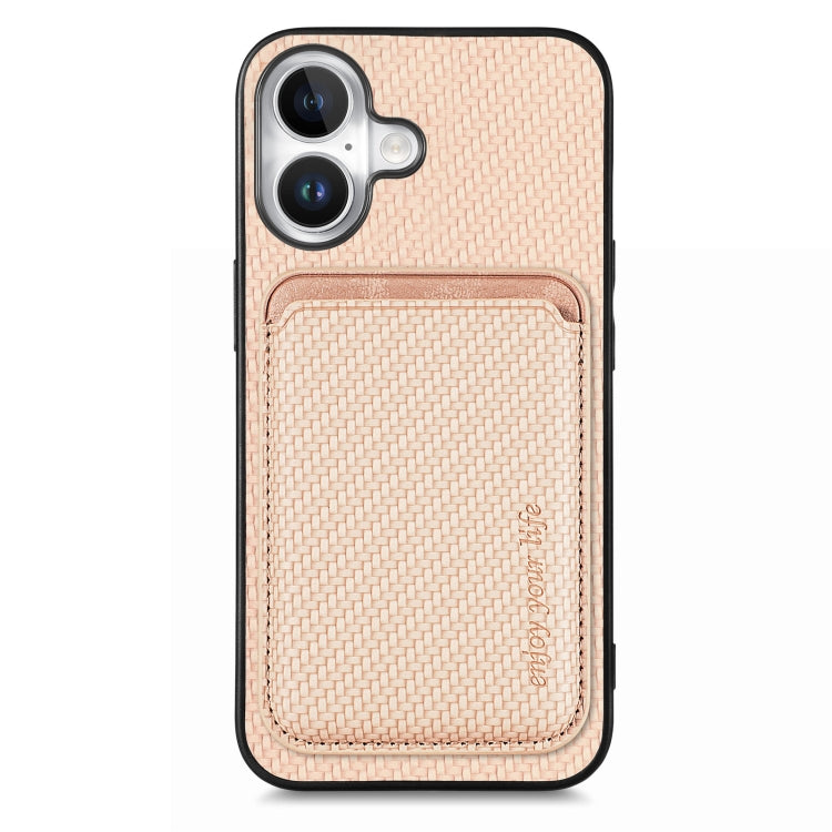 For iPhone 16 Carbon Fiber Leather Card Magsafe Phone Case(Khaki) by bashfashion