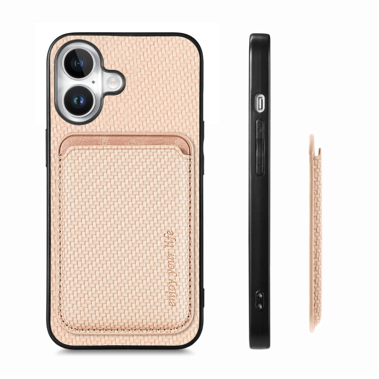 For iPhone 16 Carbon Fiber Leather Card Magsafe Phone Case(Khaki) by bashfashion