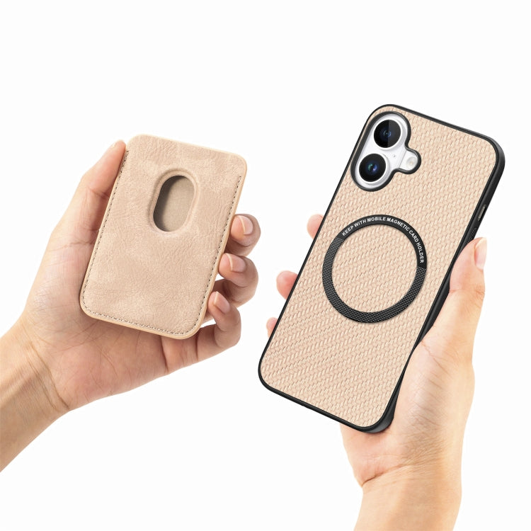 For iPhone 16 Carbon Fiber Leather Card Magsafe Phone Case(Khaki) by bashfashion