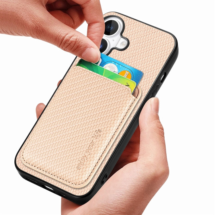 For iPhone 16 Carbon Fiber Leather Card Magsafe Phone Case(Khaki) by bashfashion