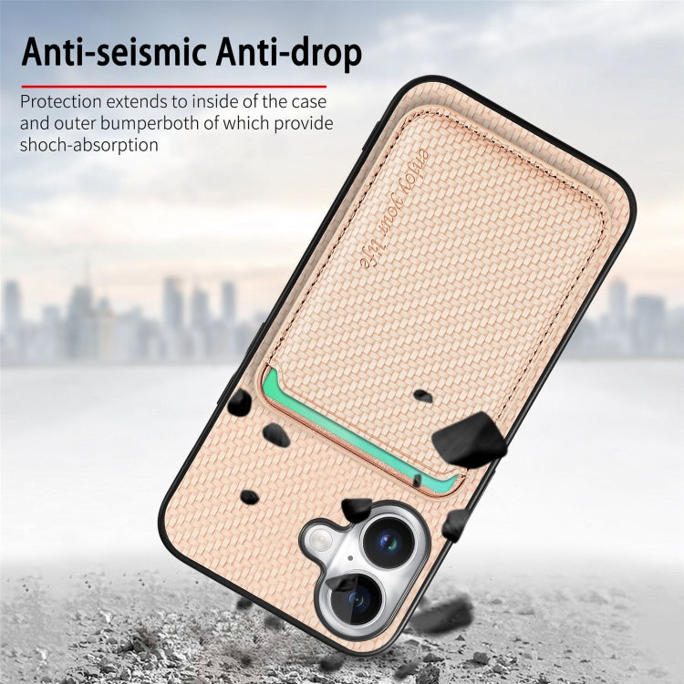 For iPhone 16 Carbon Fiber Leather Card Magsafe Phone Case(Khaki) by bashfashion