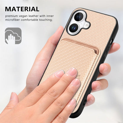 For iPhone 16 Carbon Fiber Leather Card Magsafe Phone Case(Khaki) by bashfashion