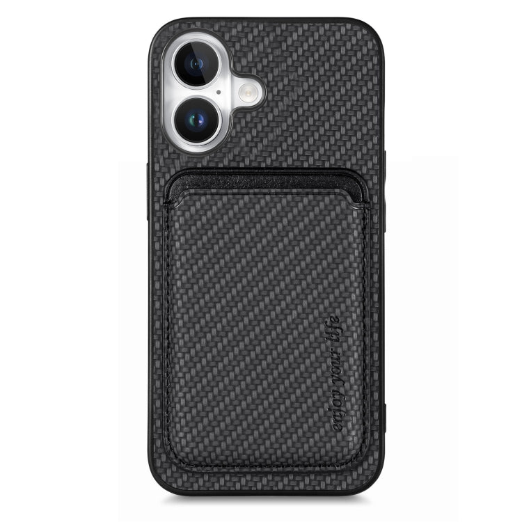 For iPhone 16 Plus Carbon Fiber Leather Card Magsafe Phone Case(Black) by bashfashion