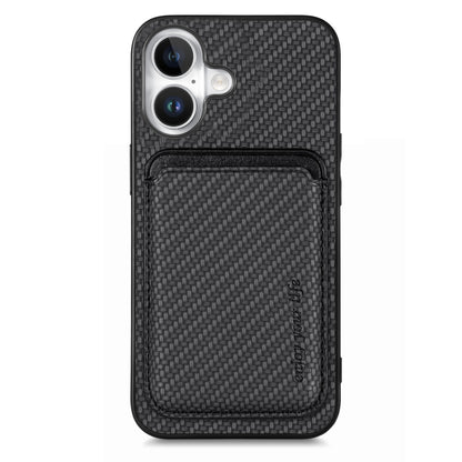 For iPhone 16 Plus Carbon Fiber Leather Card Magsafe Phone Case(Black) by bashfashion