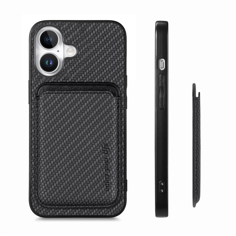 For iPhone 16 Plus Carbon Fiber Leather Card Magsafe Phone Case(Black) by bashfashion