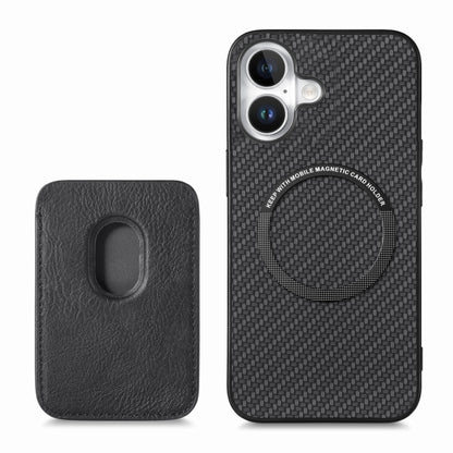 For iPhone 16 Plus Carbon Fiber Leather Card Magsafe Phone Case(Black) by bashfashion