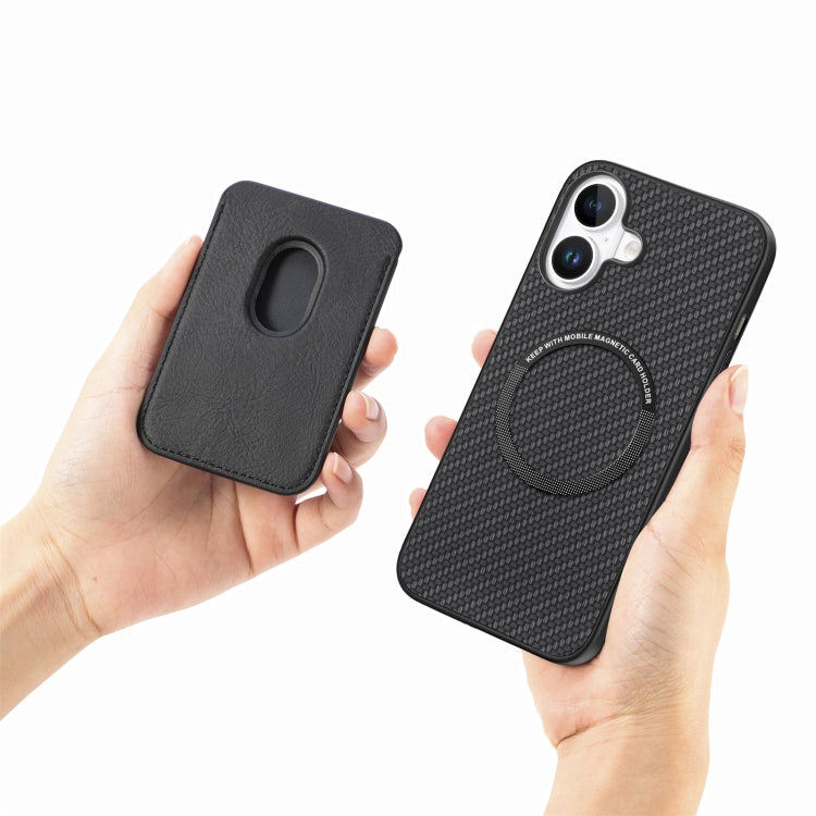 For iPhone 16 Plus Carbon Fiber Leather Card Magsafe Phone Case(Black) by bashfashion