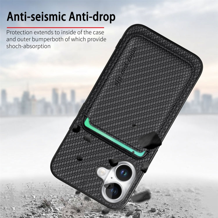 For iPhone 16 Plus Carbon Fiber Leather Card Magsafe Phone Case(Black) by bashfashion