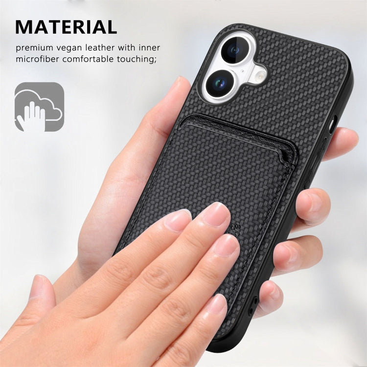 For iPhone 16 Plus Carbon Fiber Leather Card Magsafe Phone Case(Black) by bashfashion