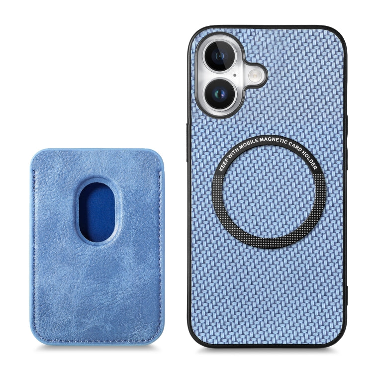 For iPhone 16 Plus Carbon Fiber Leather Card Magsafe Phone Case(Blue) by bashfashion
