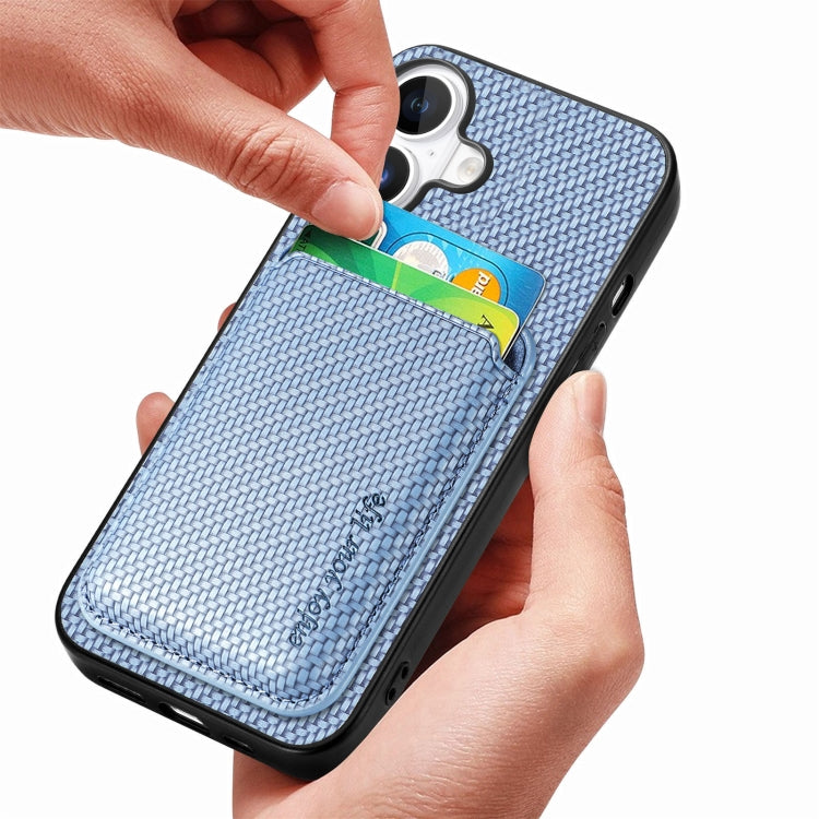 For iPhone 16 Plus Carbon Fiber Leather Card Magsafe Phone Case(Blue) by bashfashion