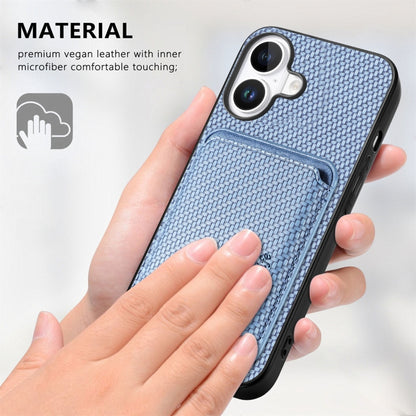 For iPhone 16 Plus Carbon Fiber Leather Card Magsafe Phone Case(Blue) by bashfashion