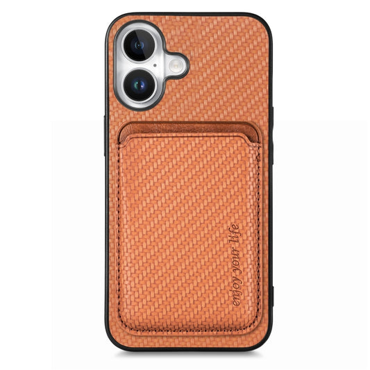 For iPhone 16 Plus Carbon Fiber Leather Card Magsafe Phone Case(Brown) by bashfashion