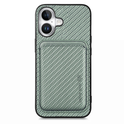 For iPhone 16 Plus Carbon Fiber Leather Card Magsafe Phone Case(Green) by bashfashion