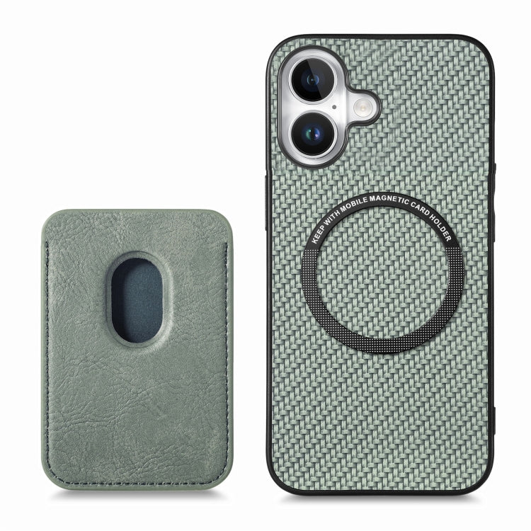 For iPhone 16 Plus Carbon Fiber Leather Card Magsafe Phone Case(Green) by bashfashion