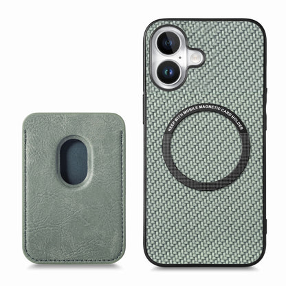 For iPhone 16 Plus Carbon Fiber Leather Card Magsafe Phone Case(Green) by bashfashion