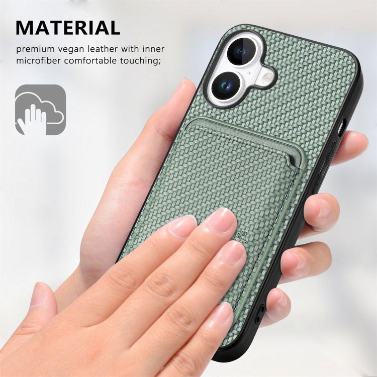 For iPhone 16 Plus Carbon Fiber Leather Card Magsafe Phone Case(Green) by bashfashion