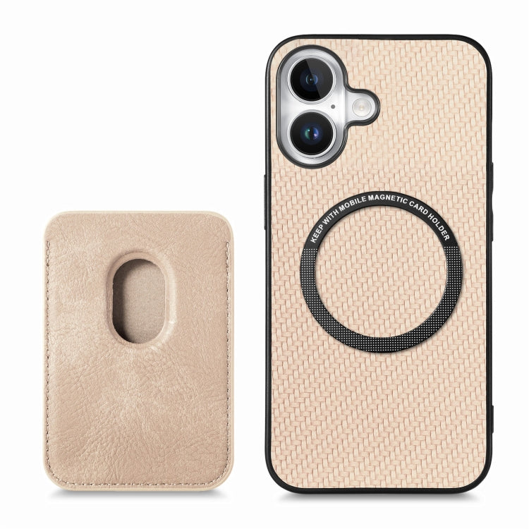For iPhone 16 Plus Carbon Fiber Leather Card Magsafe Phone Case(Khaki) by bashfashion