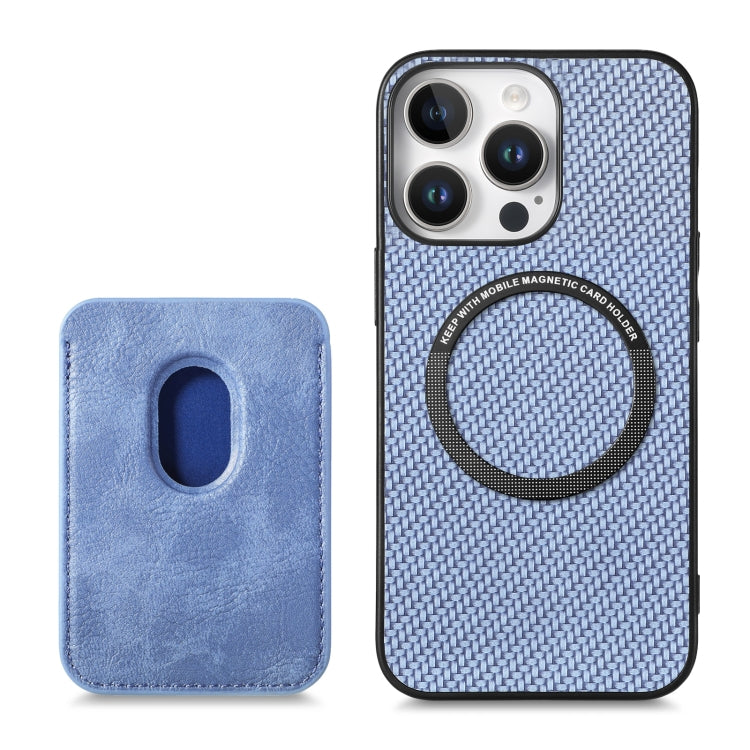 For iPhone 16 Pro Carbon Fiber Leather Card Magsafe Phone Case(Blue) by bashfashion