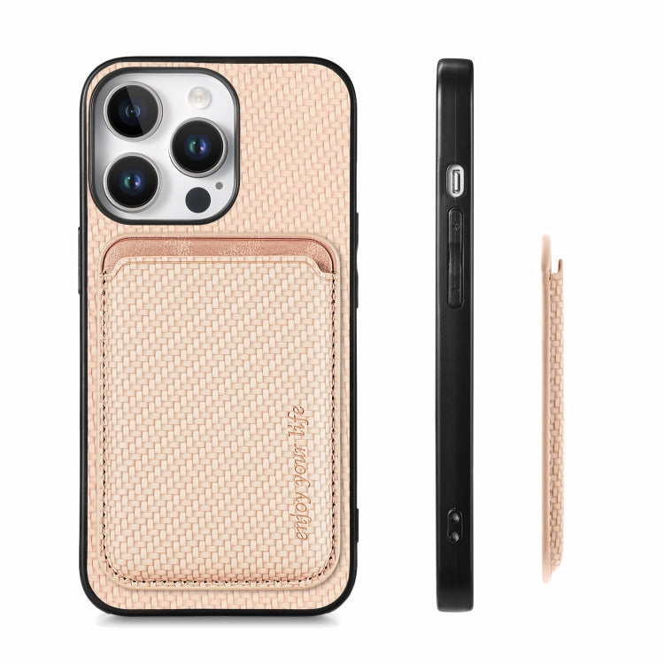 For iPhone 16 Pro Carbon Fiber Leather Card Magsafe Phone Case(Khaki) by bashfashion