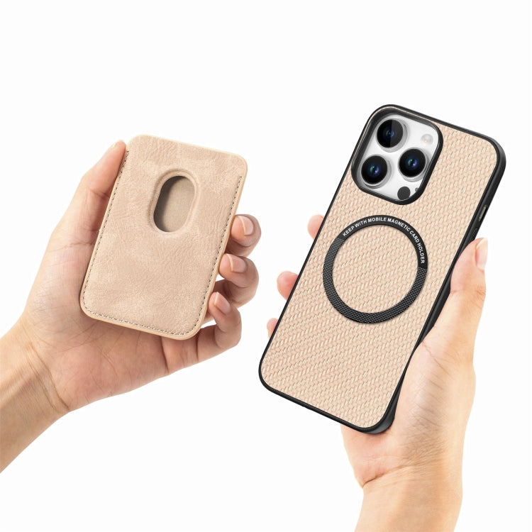 For iPhone 16 Pro Carbon Fiber Leather Card Magsafe Phone Case(Khaki) by bashfashion