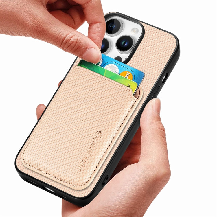 For iPhone 16 Pro Carbon Fiber Leather Card Magsafe Phone Case(Khaki) by bashfashion