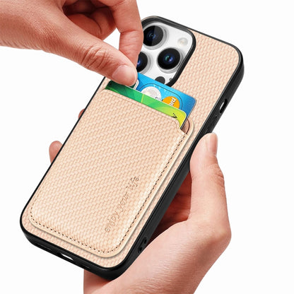 For iPhone 16 Pro Carbon Fiber Leather Card Magsafe Phone Case(Khaki) by bashfashion