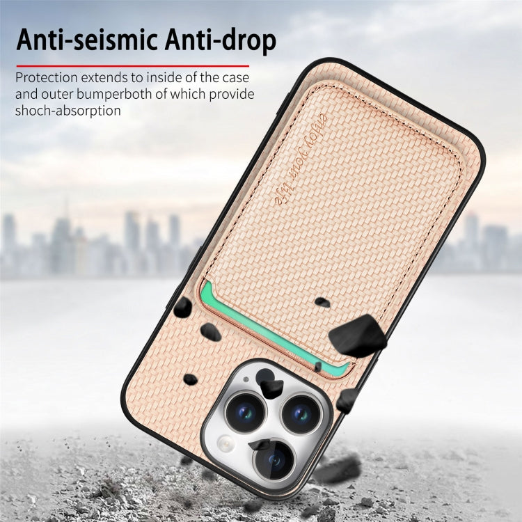 For iPhone 16 Pro Carbon Fiber Leather Card Magsafe Phone Case(Khaki) by bashfashion
